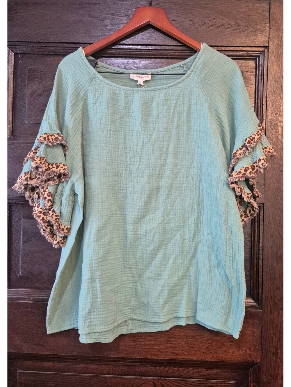 Umgee Sage Green Animal Print Ruffle Sleeve Tunic XL Boho
